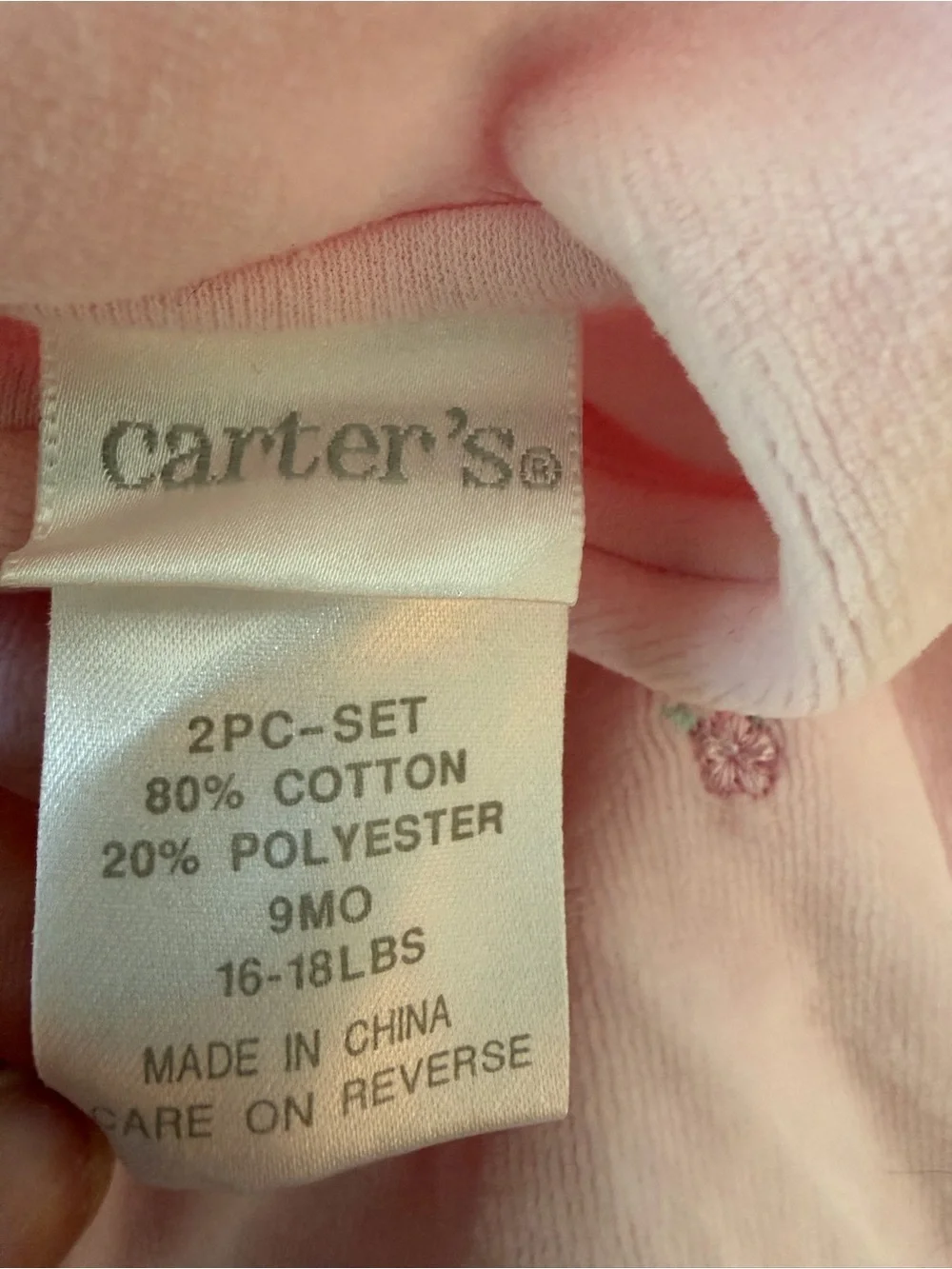 Vintage Carters 2 Piece Soft Pink Velour Set Sweet Floral Embroidery 9 Months
